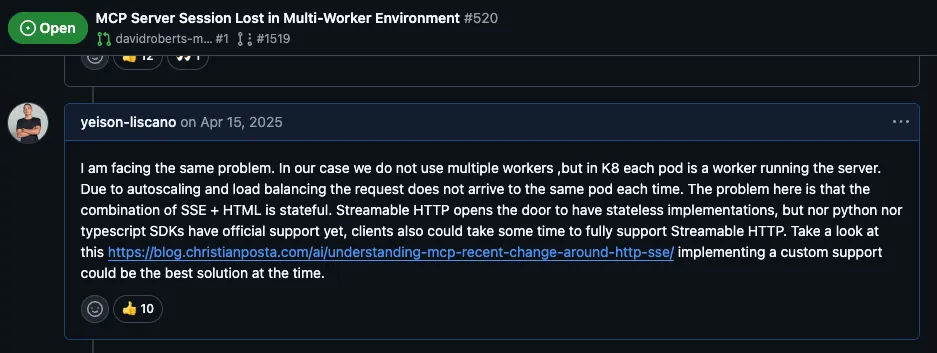 GitHub discussion about MCP session loss in horizontally scaled environments